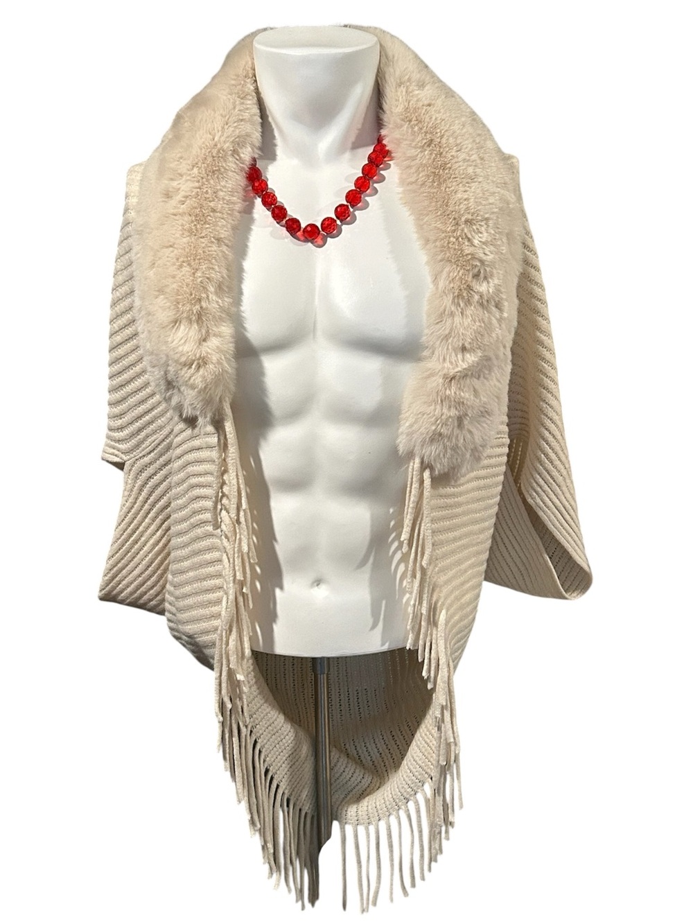 Cream Faux Fur-Trim Knit Cape with Fringe